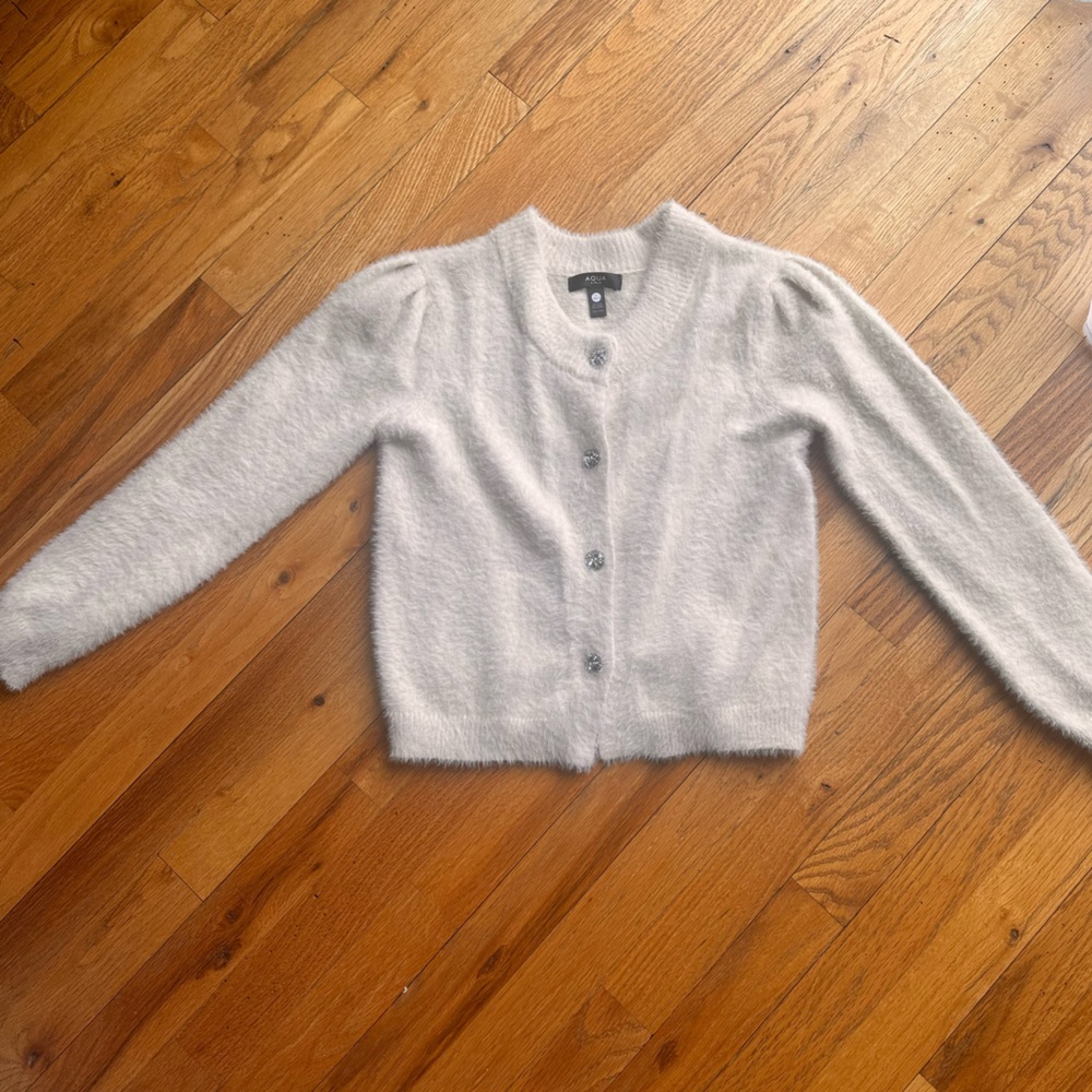 Girls Aqua Fuzzy Knit Cardigan – Off-White / Ivory - Picture 4 of 7